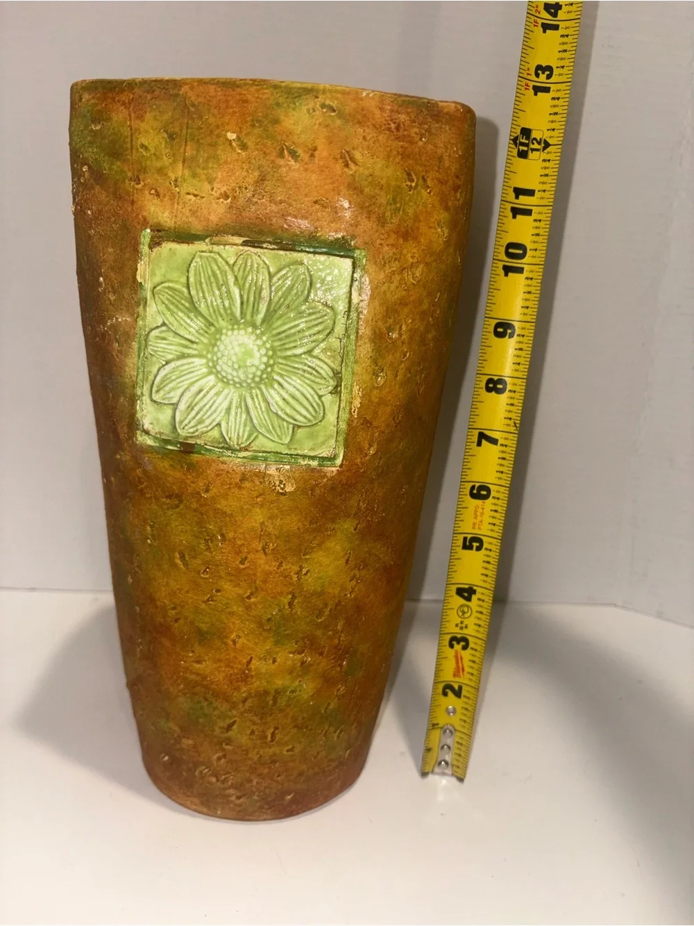 Vintage Handcrafted Green and Terracotta Flower Accent Vase -